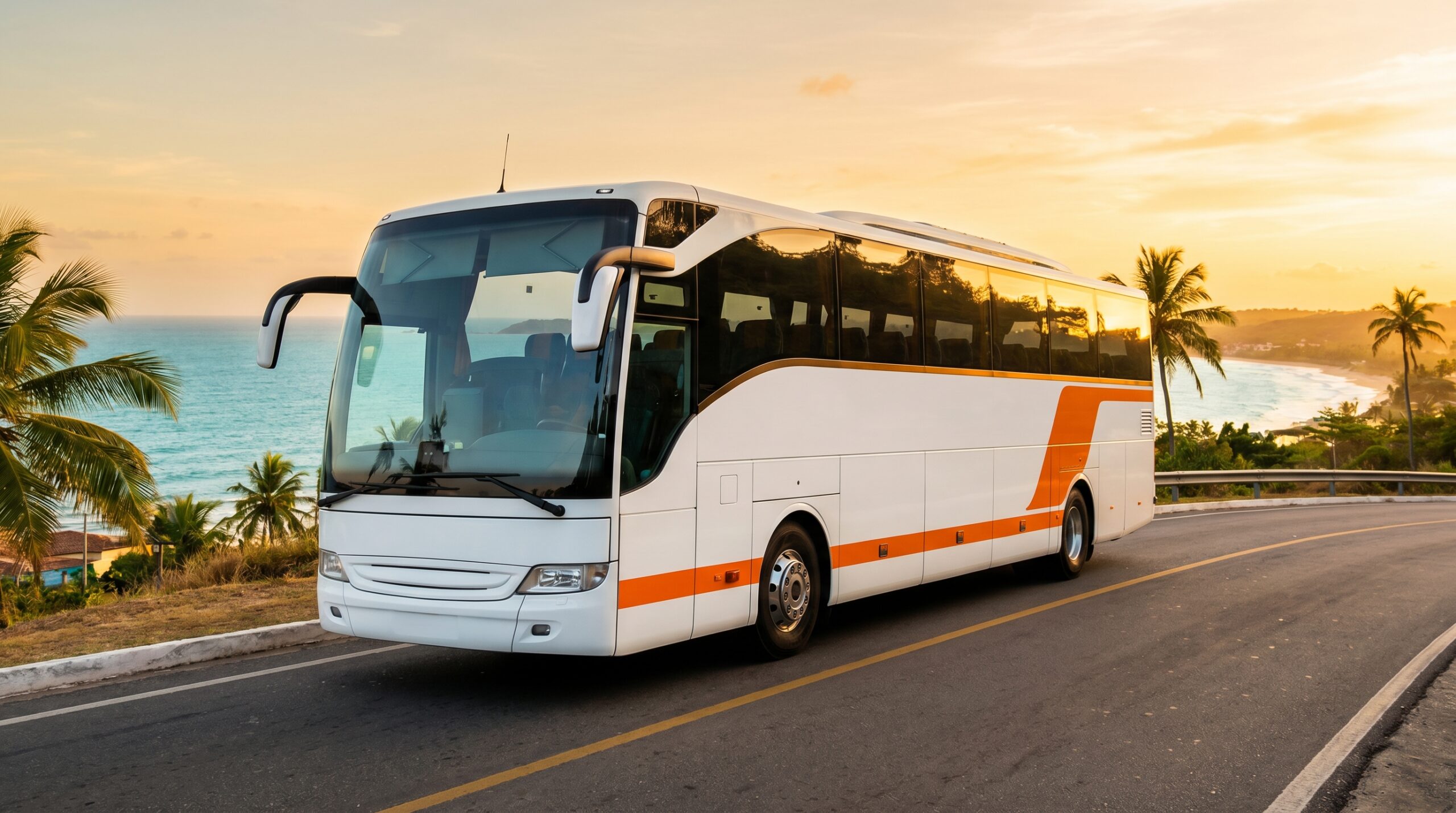 Ônibus de turismo da Bella Bahia na estrada costeira BA-001 rumo a Morro de São Paulo